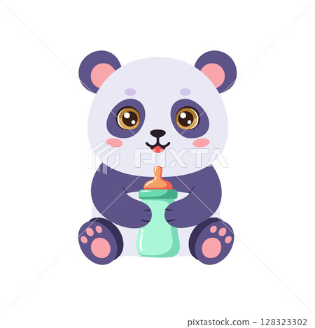 Baby panda holding milk bottle cute animal cartoon character vector illustration 128323302