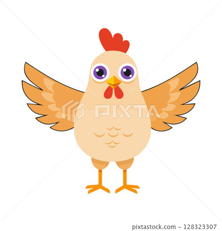 Chicken with orange wings and red comb cartoon character vector illustration Chicken with orange wings and red comb cartoon character vector illustration 128323307