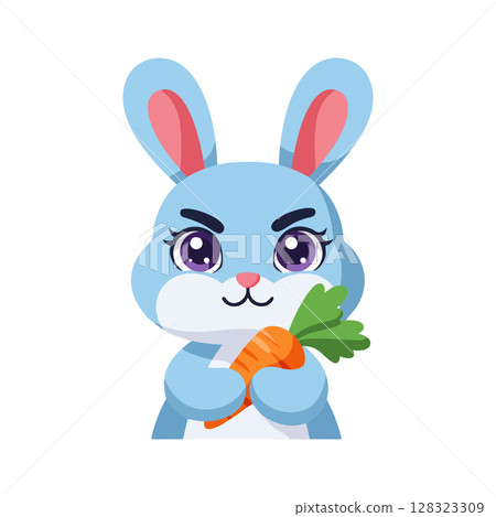 Cute blue bunny holding orange carrot vector illustration with purple eyes and pink ears 128323309