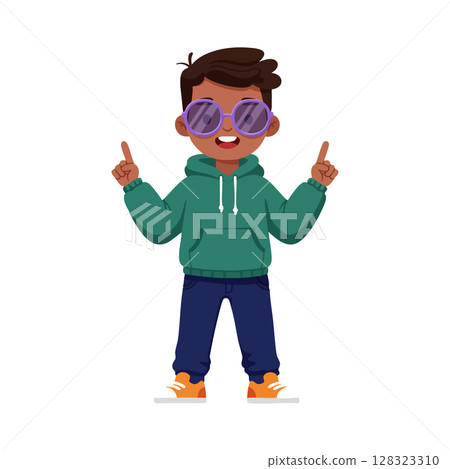 Cool boy wearing purple sunglasses green hoodie navy pants orange shoes vector illustration 128323310