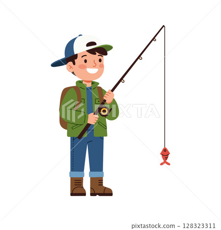 Boy fishing with rod and red fish catch happy outdoor hobby activity vector illustration Boy fishing with rod and red fish catch happy outdoor hobby activity vector illustration 128323311