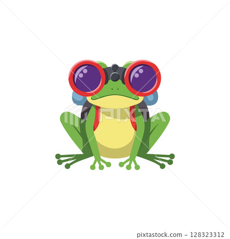 Green Frog Wearing Red Binoculars and Backpack Vector Illustration for Nature Exploration 128323312