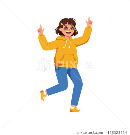 Happy young woman dancing in yellow hoodie and blue jeans casual outfit vector illustration 128323314