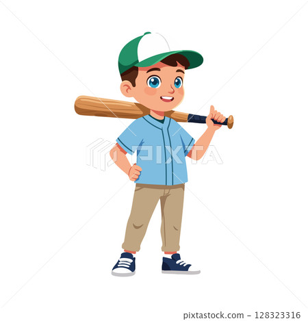 Boy playing baseball holding bat wearing cap and sportswear vector illustration 128323316
