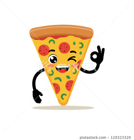 Pizza slice cartoon character winking and making okay hand gesture vector illustration Pizza slice cartoon character winking and making okay hand gesture vector illustration 128323320