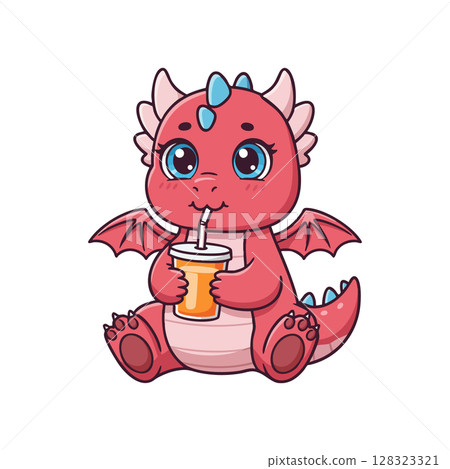 Cute red baby dragon cartoon character drinking juice with straw vector illustration 128323321