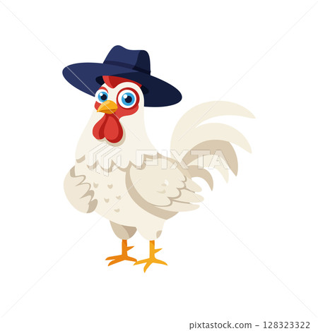 White chicken wearing blue hat cartoon character vector illustration 128323322