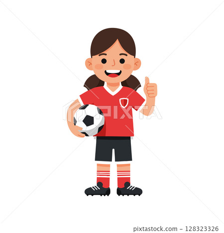 Girl Soccer Player Holding Ball and Showing Thumbs Up in Red Jersey Illustration Girl Soccer Player Holding Ball and Showing Thumbs Up in Red Jersey Illustration 128323326