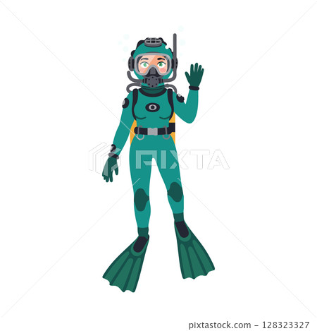 Scuba diver in teal wetsuit with flippers and oxygen tank waving hand vector illustration Scuba diver in teal wetsuit with flippers and oxygen tank waving hand vector illustration 128323327