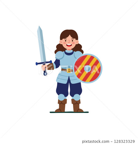 Girl Knight Holding Sword and Shield in Armor Friendly Character Illustration 128323329