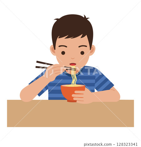 Boy eating noodles with chopsticks in blue striped shirt sitting at table vector illustration 128323341