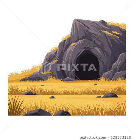 Rocky cave entrance in autumn dry grass field natural landscape vector illustration 128323358