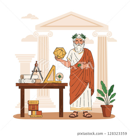 Ancient Greek philosopher with geometric shapes and classical architecture background vector illustration Ancient Greek philosopher with geometric shapes and classical architecture background vector illustration 128323359