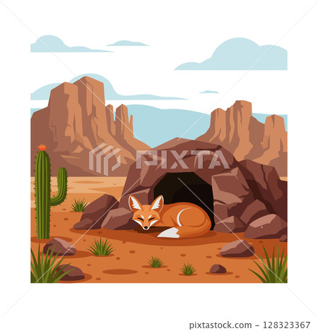 Fox resting outside rocky cave in desert landscape with cactus and mountains vector illustration Fox resting outside rocky cave in desert landscape with cactus and mountains vector illustration 128323367