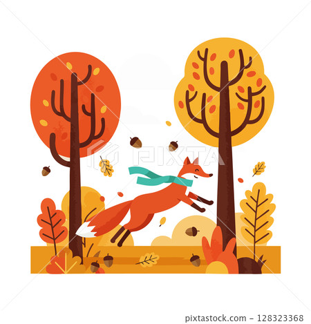 Fox jumping between autumn trees with orange and yellow leaves vector illustration 128323368