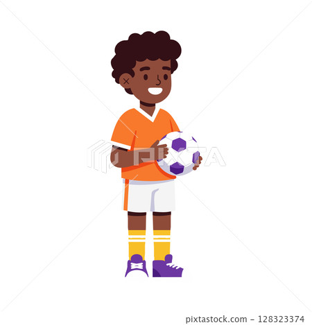 Boy holding soccer ball wearing orange jersey and white shorts smiling vector illustration 128323374