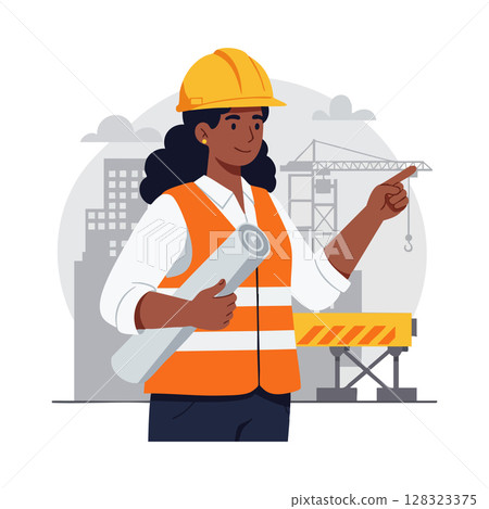 Female Construction Engineer Wearing Helmet and Safety Vest Holding Blueprint at Building Site Vector Illustration Female Construction Engineer Wearing Helmet and Safety Vest Holding Blueprint at Building Site Vector Illustration 128323375