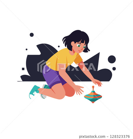 Child playing with colorful spinning top toy vector illustration in casual outfit 128323376