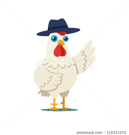 White chicken cartoon character wearing blue hat standing with wings up vector illustration White chicken cartoon character wearing blue hat standing with wings up vector illustration 128323378