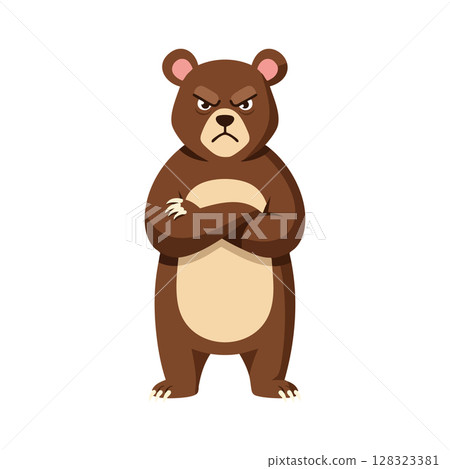 Angry brown bear standing with crossed arms vector illustration in simple style 128323381