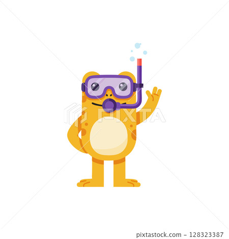Cartoon orange cat character wearing purple diving mask and snorkel vector illustration 128323387