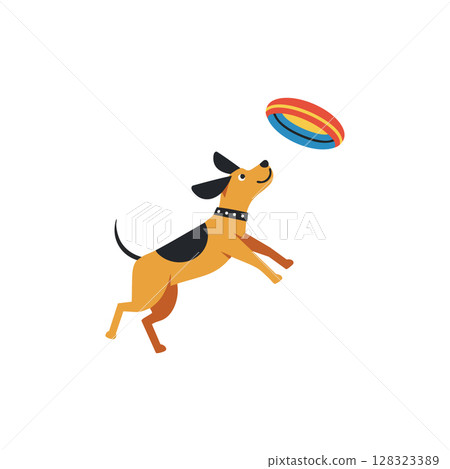Dog playing with colorful frisbee in simple vector illustration style 128323389