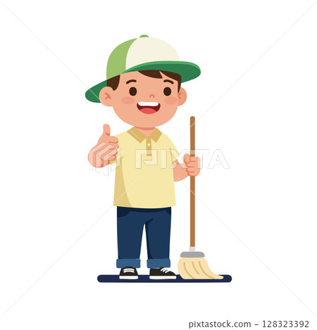 Boy giving thumbs up while holding broom cheerful cleaning kid vector illustration Boy giving thumbs up while holding broom cheerful cleaning kid vector illustration 128323392