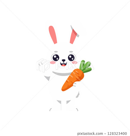 Cute white rabbit holding fresh orange carrot vector illustration with pink ears and cheeks Cute white rabbit holding fresh orange carrot vector illustration with pink ears and cheeks 128323400