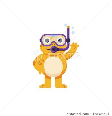 Cartoon orange bear wearing snorkeling mask and waving hand vector illustration friendly underwater explorer Cartoon orange bear wearing snorkeling mask and waving hand vector illustration friendly underwater explorer 128323401