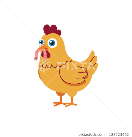Chicken eating worm cartoon vector illustration with orange and red colors Chicken eating worm cartoon vector illustration with orange and red colors 128323402