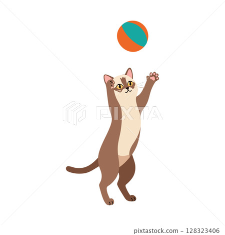 Cat playing with colorful ball in playful stance vector illustration 128323406