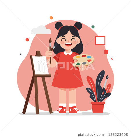 Girl Painting Art Vector Illustration with Palette and Easel in Red Dress and Sneakers 128323408