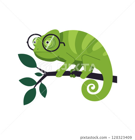 Green chameleon wearing glasses sitting on leafy branch vector illustration 128323409