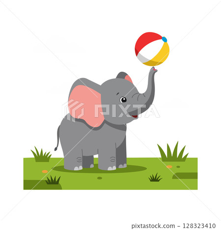 Elephant playing with colorful beach ball on grass vector illustration happy animal 128323410