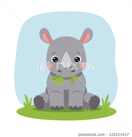 Cute baby rhinoceros sitting on grass with blue background vector illustration 128323417
