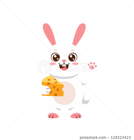 Cute white rabbit holding cheese cartoon character vector illustration Cute white rabbit holding cheese cartoon character vector illustration 128323423