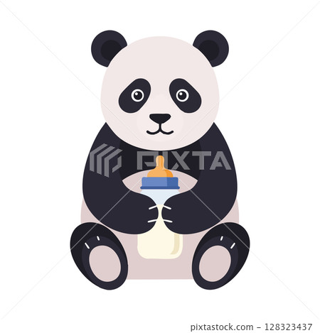 Panda bear holding baby bottle cute animal illustration vector design 128323437