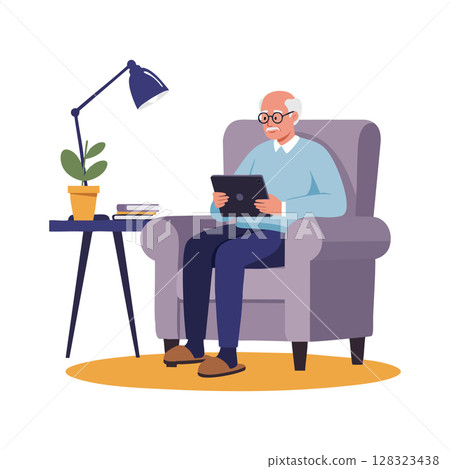 Elderly man sitting in armchair using tablet digital device vector illustration Elderly man sitting in armchair using tablet digital device vector illustration 128323438