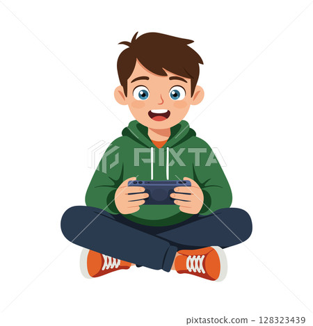 Boy playing video game sitting cross legged in green hoodie casual outfit vector illustration Boy playing video game sitting cross legged in green hoodie casual outfit vector illustration 128323439