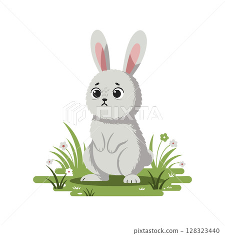 Gray rabbit sitting on grass with flowers cute animal vector illustration Gray rabbit sitting on grass with flowers cute animal vector illustration 128323440