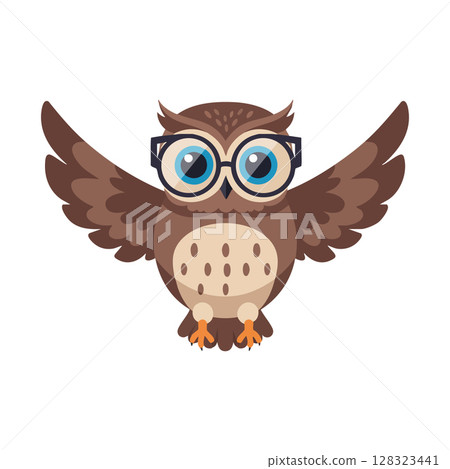 Owl with glasses cartoon character flying with wings spread brown feathers vector illustration Owl with glasses cartoon character flying with wings spread brown feathers vector illustration 128323441