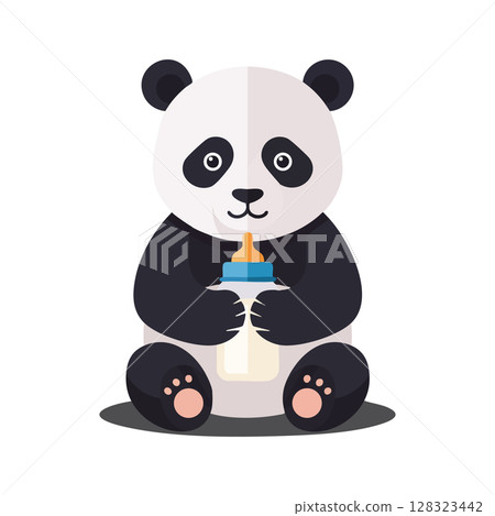 Cute baby panda holding milk bottle vector illustration in simple style Cute baby panda holding milk bottle vector illustration in simple style 128323442