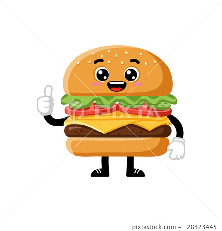 Cartoon cheeseburger character giving thumbs up with lettuce tomato and sesame bun vector illustration Cartoon cheeseburger character giving thumbs up with lettuce tomato and sesame bun vector illustration 128323445