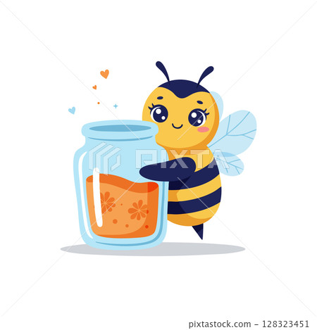 Cute bee holding jar of honey cartoon character vector illustration with blue and yellow colors Cute bee holding jar of honey cartoon character vector illustration with blue and yellow colors 128323451