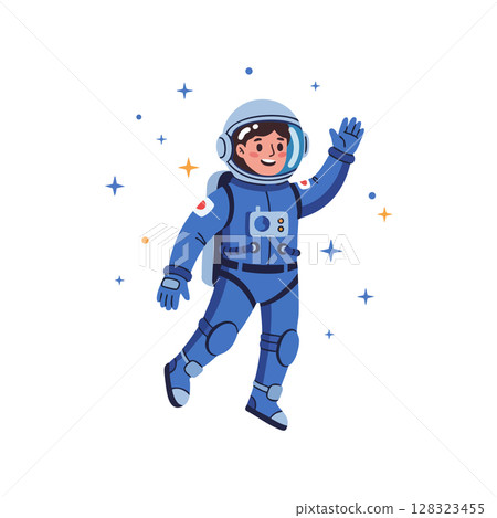 Cartoon astronaut waving in blue space suit with stars around vector illustration 128323455