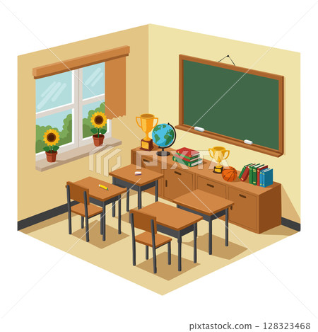Classroom interior with desks chairs chalkboard trophies and window sunflowers vector illustration 128323468