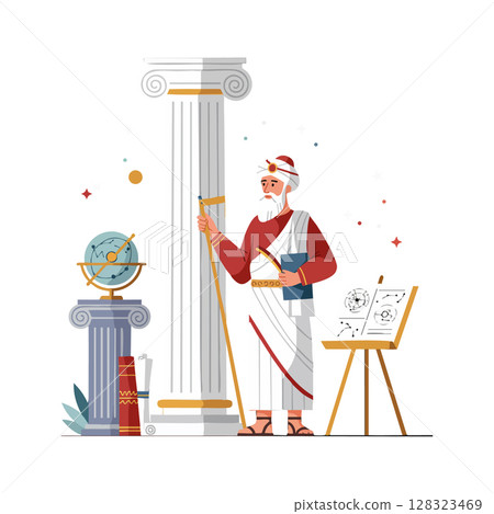 Ancient Greek Philosopher with Column and Globe in Classical Study Illustration Ancient Greek Philosopher with Column and Globe in Classical Study Illustration 128323469