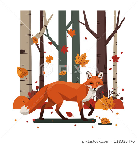 Red fox walking through autumn forest with falling leaves and birch trees vector illustration 128323470