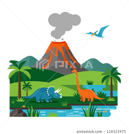 Volcano erupting with triceratops brachiosaurus and pterodactyl dinosaur landscape scene vector illustration 128323475