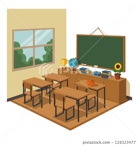 Classroom interior with desks window globe books basketball and sunflower vector illustration Classroom interior with desks window globe books basketball and sunflower vector illustration 128323477